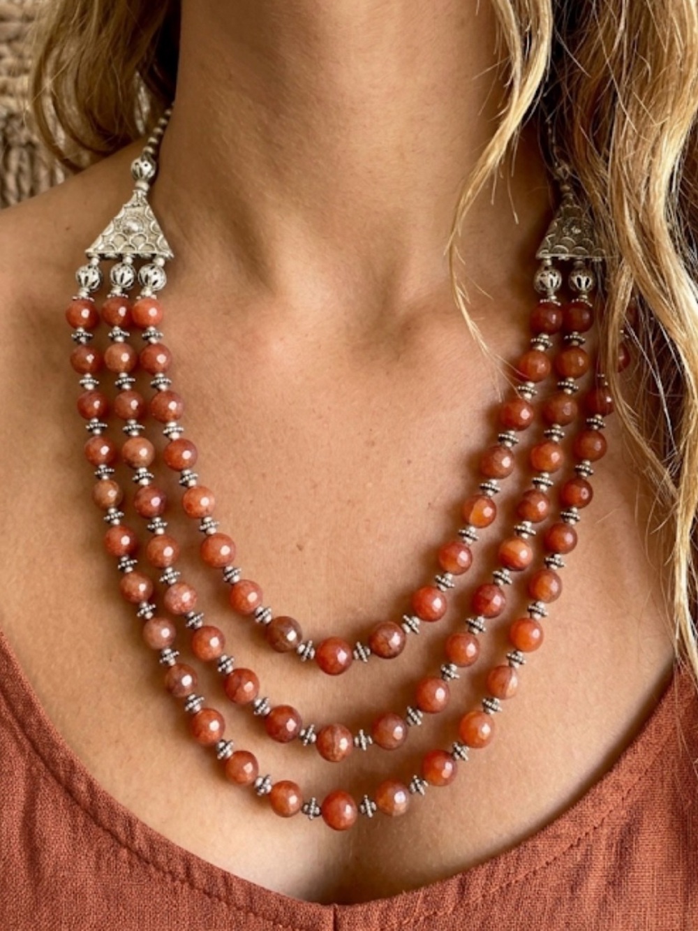 Vintage Heavy sterling silver and carnelian three tier statement necklace